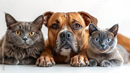 Photorealistic image of a strong Boxer with a muscular build standing next to a Russian Blue cat with a short dense coat of bluishgrey fur on a stark white background photo