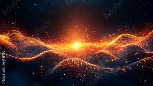 Quantum computing particle waves and glowing qubits in a dynamic abstract visualization representing advanced technology and future data systems Large space for text in center Stock photo with copy
