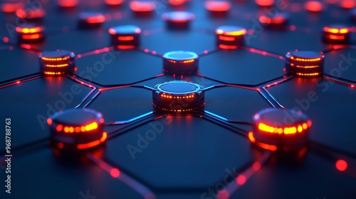 Neural network visualization with interconnected glowing nodes forming an intricate web of AI processes futuristic tech background Large space for text in center Stock photo with copy space