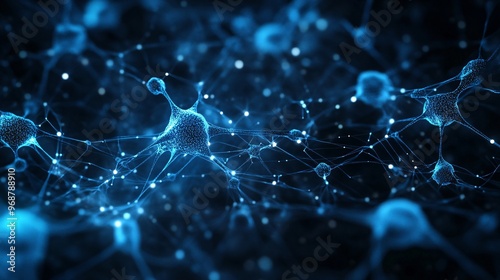 Neural network visualization with interconnected glowing nodes forming an intricate web of AI processes futuristic tech background Large space for text in center Stock photo with copy space