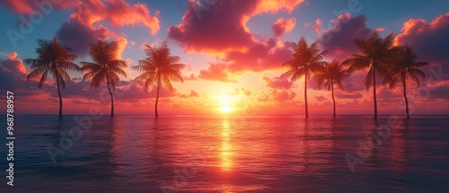 Palm Trees Silhouetted Against a Vibrant Sunset Over a Calm Ocean