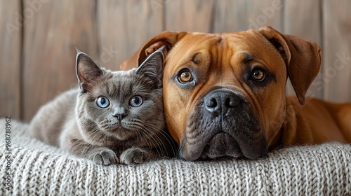 Photorealistic image of a strong Boxer with a muscular build standing next to a Russian Blue cat with a short dense coat of bluishgrey fur on a stark white background photo