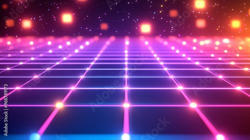 Futuristic digital grid with glowing lines and nodes representing interconnected data and technology modern tech background with neon accents Large space for text in center Stock photo with copy space