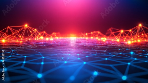 Futuristic digital grid with glowing lines and nodes representing interconnected data and technology modern tech background with neon accents Large space for text in center Stock photo with copy space