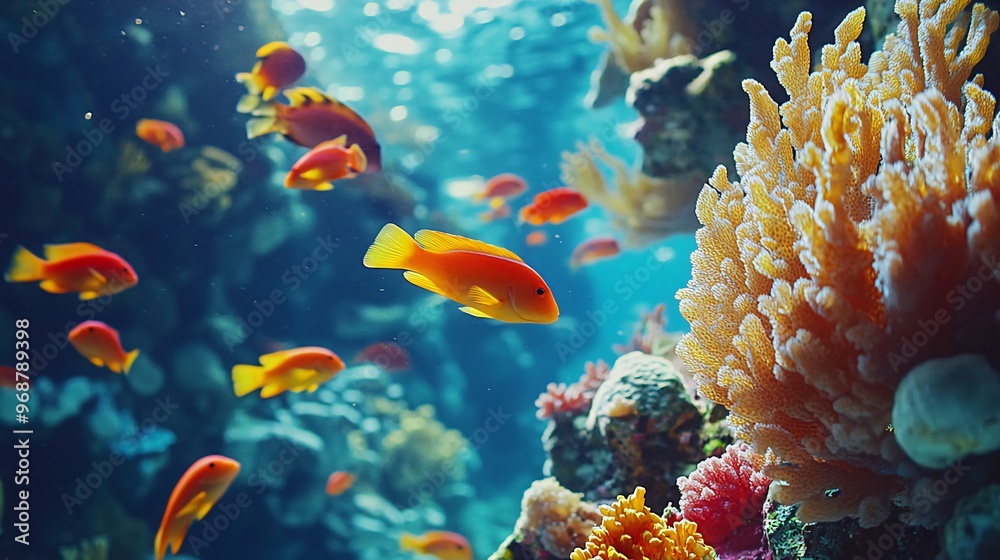 Naklejka premium A vibrant underwater scene with colorful fish swimming amidst a coral reef.