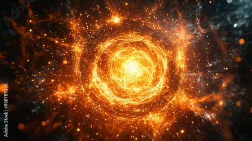 Quantum computing abstract with glowing qubits and dynamic particle waves representing advanced science and high-tech computing Large space for text in center Stock photo with copy space