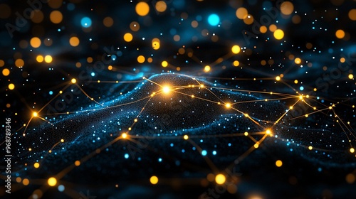 AI neural network design with glowing interconnected nodes forming an abstract web of machine learning and artificial intelligence processes Large space for text in center Stock photo with copy space