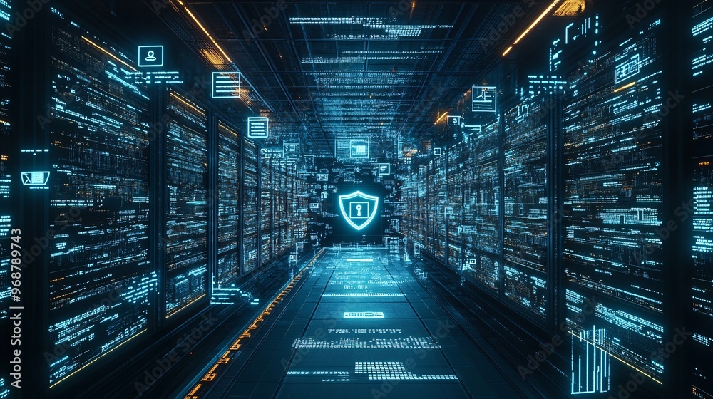 Obraz premium Cybersecurity-themed digital matrix with encrypted code and shield icons floating in a futuristic environment representing data safety Large space for text in center Stock photo with copy space