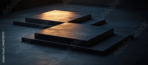 Dark 3D background featuring three square podiums on the floor Platforms designed for product displays with an abstract composition providing ample space for showcasing items and promotions photo