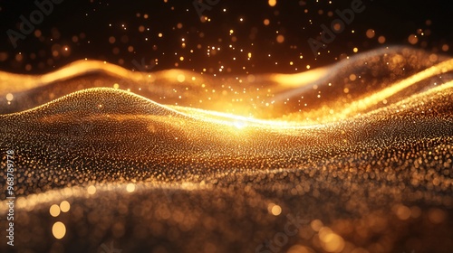 Flowing energy lines and particles creating an abstract representation of quantum computing in a futuristic high-tech landscape Large space for text in center Stock photo with copy space