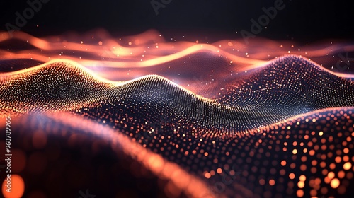 Flowing energy lines and particles creating an abstract representation of quantum computing in a futuristic high-tech landscape Large space for text in center Stock photo with copy space