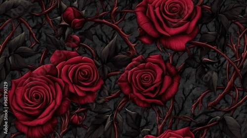 Fototapeta Naklejka Na Ścianę i Meble -  Detailed realistic tile pattern featuring roses leaves thorns and abstract decorative elements in a dark gothic graphic tattoo style Suitable for textiles clothing fabric and paper print designs
