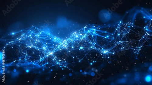 Abstract digital grid with glowing lines and neon particles representing data flow and high-tech connectivity futuristic design Large space for text in center Stock photo with copy space