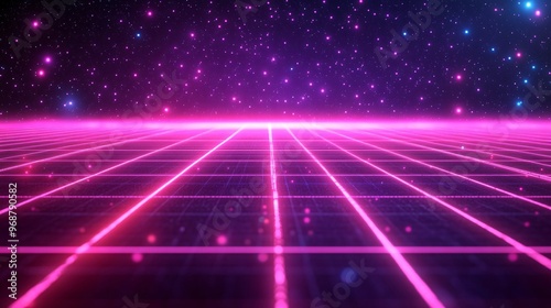 Abstract digital grid with glowing lines and neon particles representing data flow and high-tech connectivity futuristic design Large space for text in center Stock photo with copy space