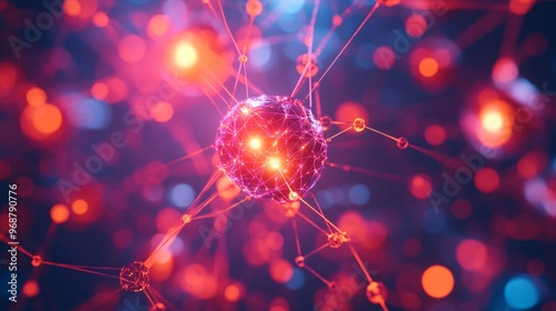 Neural network of glowing nodes interconnected with vibrant lines forming an abstract AI web futuristic tech concept Large space for text in center Stock photo with copy space