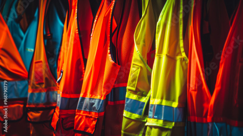 A row of orange safety vests hang on a rack. The vests are bright orange and yellow, and they are all lined up next to each other. Concept of safety and caution photo