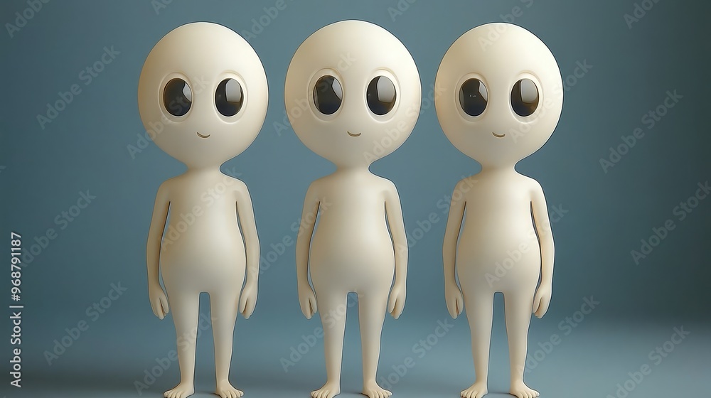 Three charming, minimalist characters with large eyes on a soft blue background, ideal for digital art and creative projects.