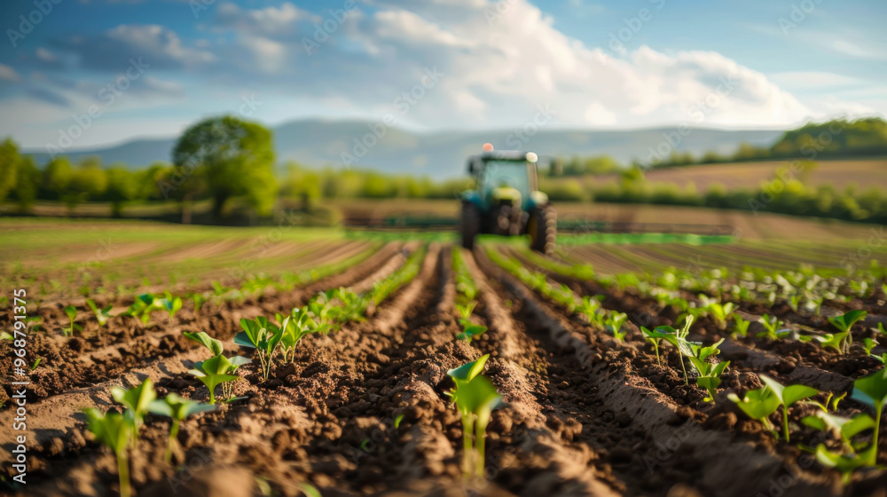 A tractor drives through a muddy field. The sky is cloudy, the sun is setting. Agriculture, gardening concept. A tractor drives through a muddy field. The sky is cloudy, the sun is setting. Agriculture, gardening concept.