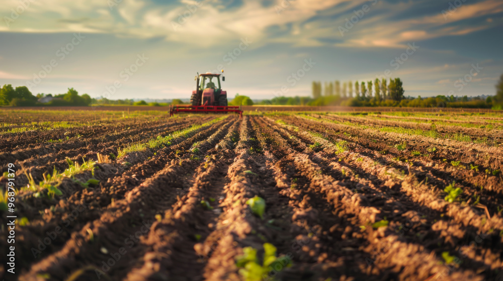 A tractor drives through a muddy field. The sky is cloudy, the sun is setting. Agriculture, gardening concept. A tractor drives through a muddy field. The sky is cloudy, the sun is setting. Agriculture, gardening concept.