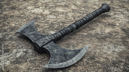 Medieval black battle axe with a single blade design suitable for fantasy games This 3D rendering showcases a warrior s weapon featuring a unique hatchet style photo