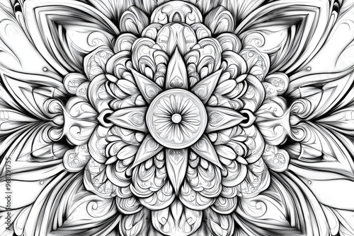 Monochrome abstract design featuring a mandala ideal for 2D art templates