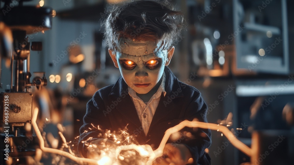 Boy with Glowing Eyes and Sparks in a Dark Room Boy with Glowing Eyes and Sparks in a Dark Room