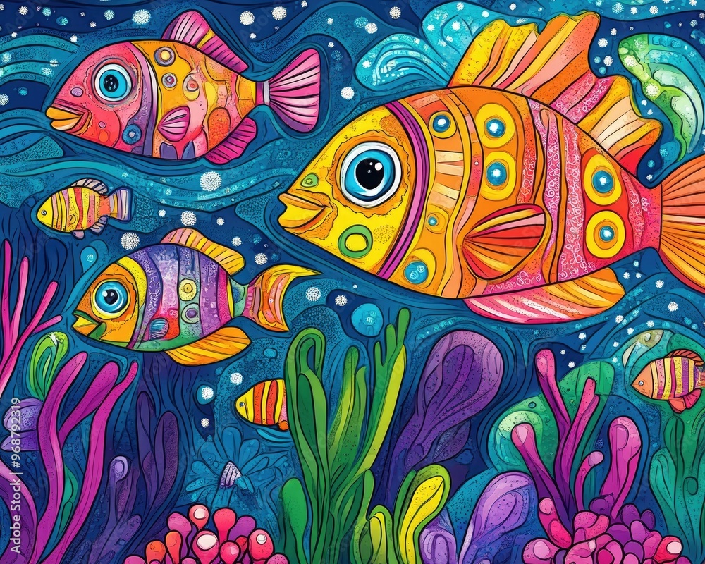Vibrant underwater scene featuring large fish and outlined illustrations in a playful coloring style Vibrant underwater scene featuring large fish and outlined illustrations in a playful coloring style