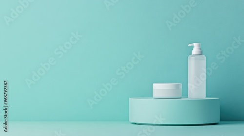 A serene display of skincare products on a mint green pedestal