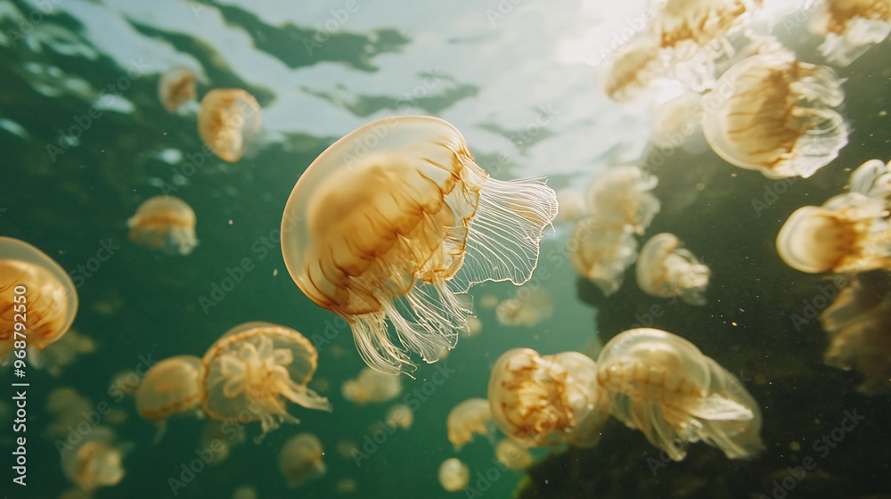 A large group of jellyfish swim together in a school in the clear water. A large group of jellyfish swim together in a school in the clear water.