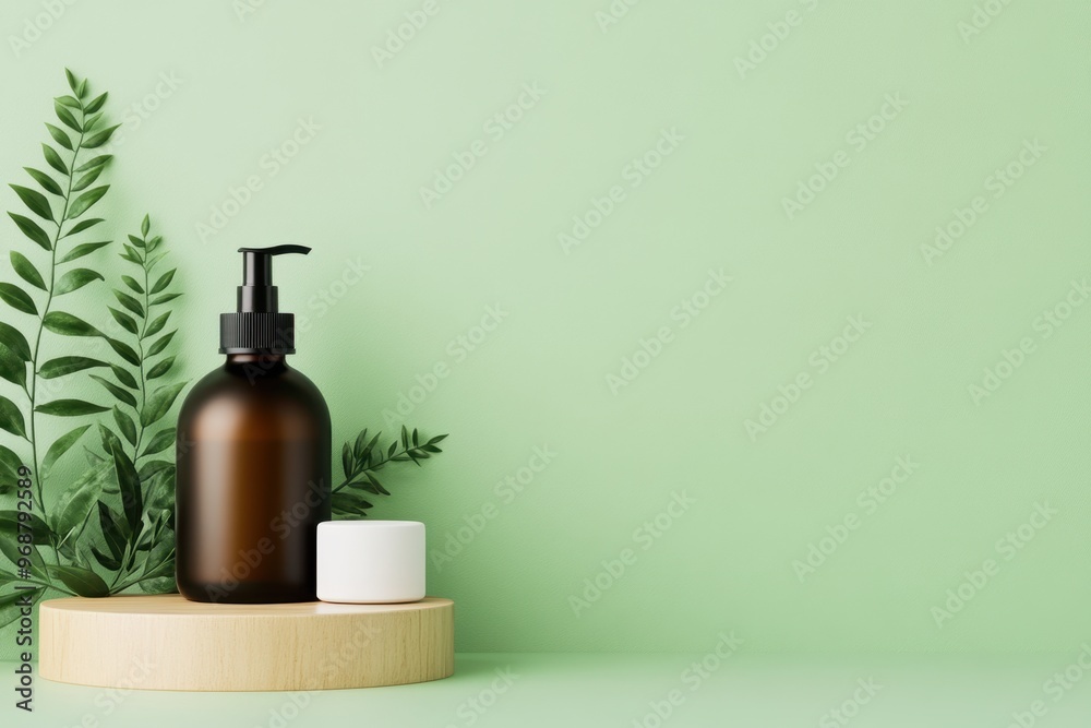 Elegant arrangement of a brown glass bottle and cream jar on a wooden platform with green leaves on a soft green backdrop Elegant arrangement of a brown glass bottle and cream jar on a wooden platform with green leaves on a soft green backdrop