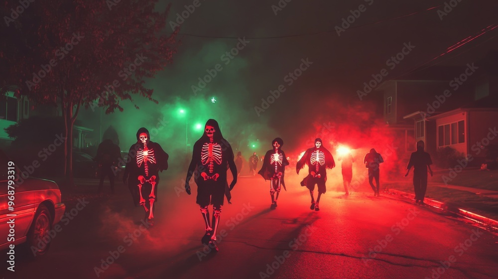 Fototapeta premium Skeleton-Costumed Figures Walking Through Fog and Red Light
