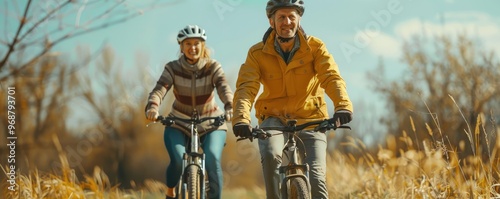 Two cheerful elderly couple bike riding in an autumn forest, enjoying outdoor activities together