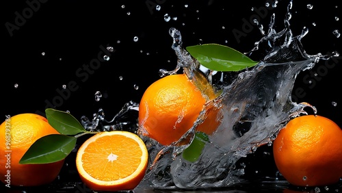 Oranges with Water Splash on Black Background