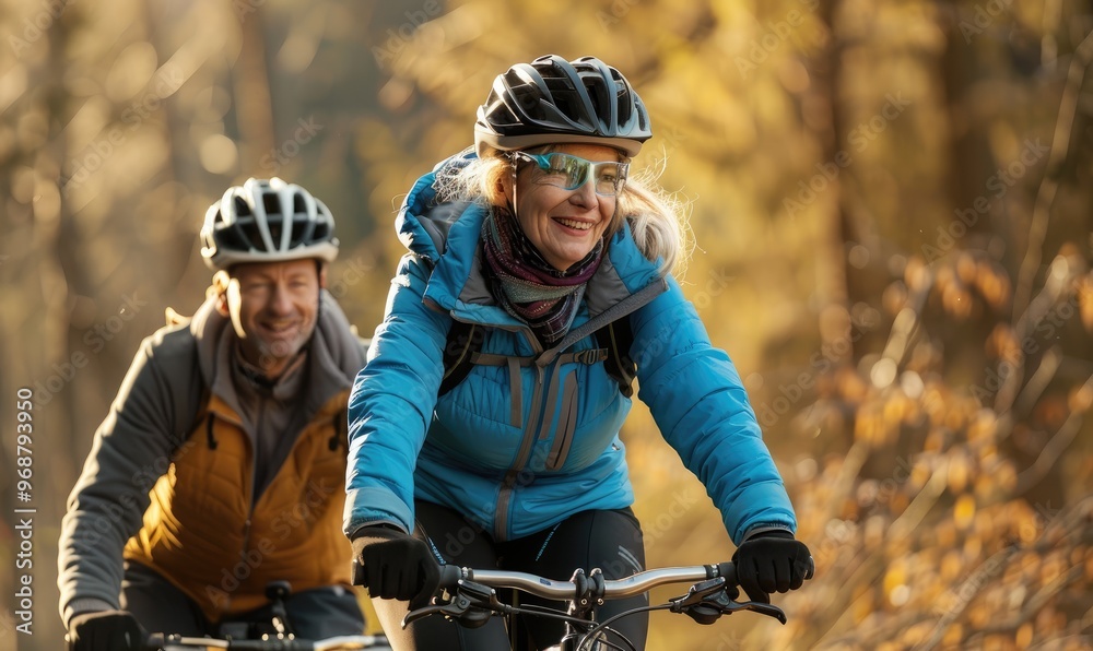 Two cheerful elderly couple bike riding in an autumn forest, enjoying outdoor activities together Two cheerful elderly couple bike riding in an autumn forest, enjoying outdoor activities together