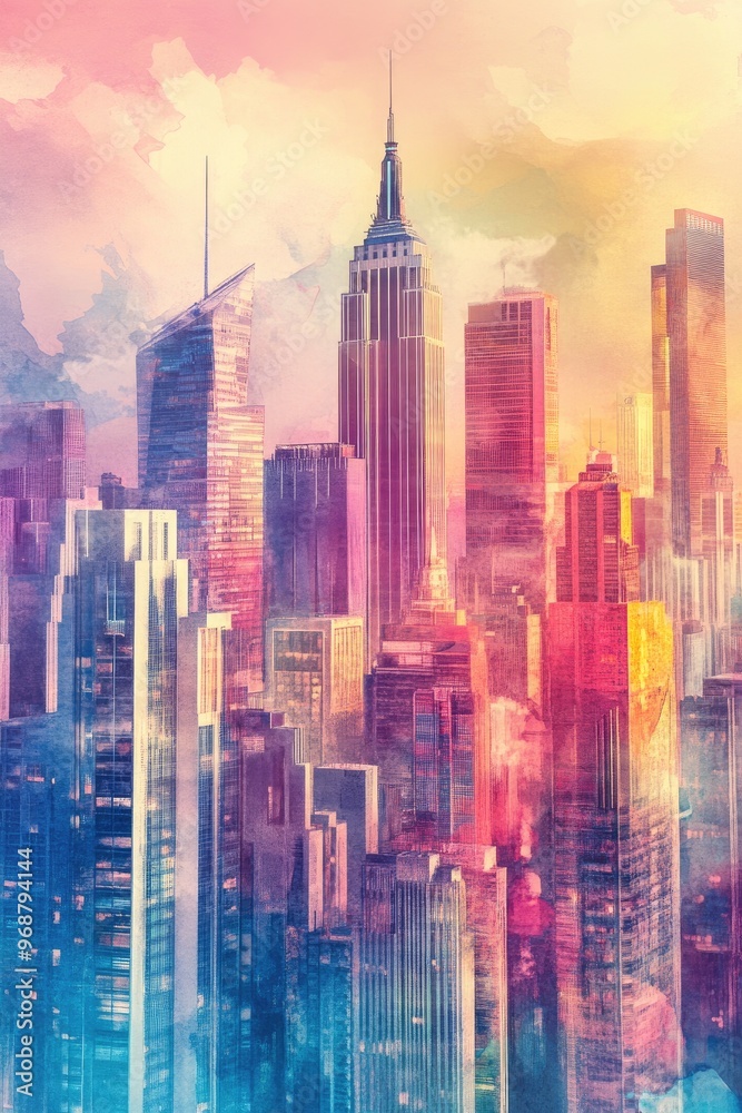 Obraz premium Vibrant watercolor cityscape featuring towering structures 3D rendering