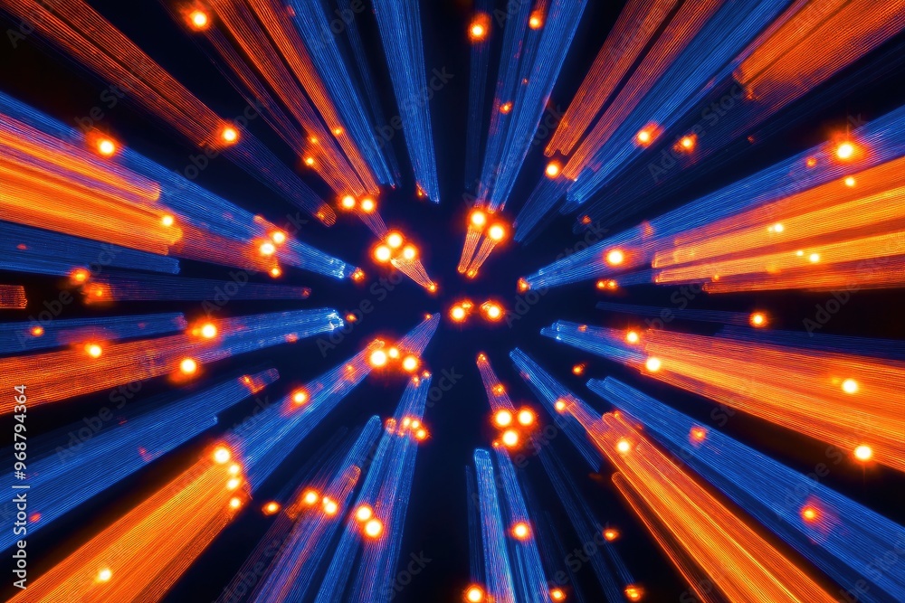 Fototapeta premium Bright radial light beams create an abstract background featuring blue and orange neon colors A stunning light burst evokes a cosmic atmosphere for various occasions