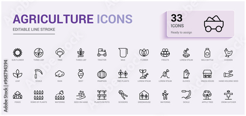 Set of agriculture icons. Outline icon collection, line icon for web and ui. Editable Outline icon. Vector illustration with icon names.
