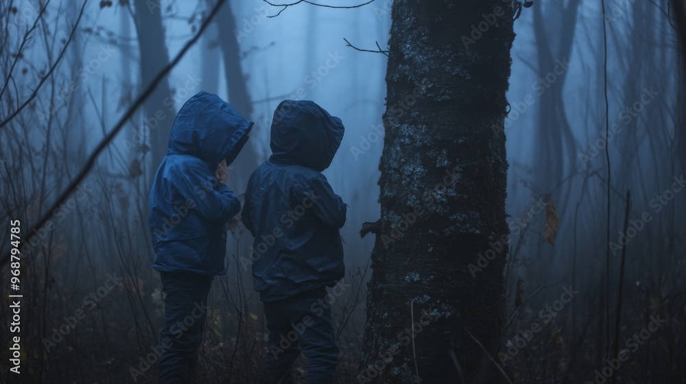 Two children in hooded jackets standing in a foggy forest Two children in hooded jackets standing in a foggy forest