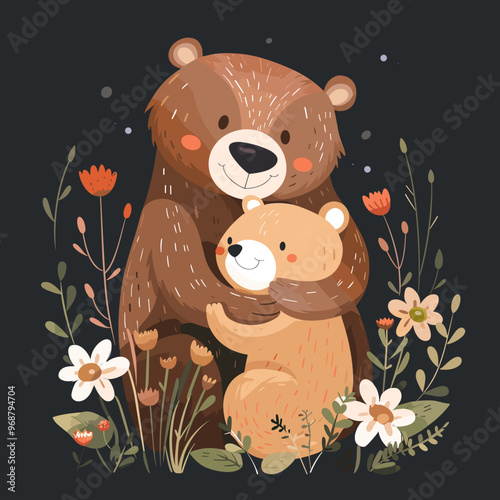 A bear is holding a baby bear in its arms. The scene is peaceful and heartwarming, showing the bond between the two bears