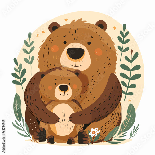 A bear is holding a baby bear in its arms. The scene is peaceful and heartwarming, showing the bond between the two bears