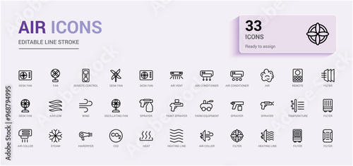 Air icon collection. Related to ventilation, air conditioner, fan, wind, blow. Line icon for web and ui. Vector illustration with icon names.