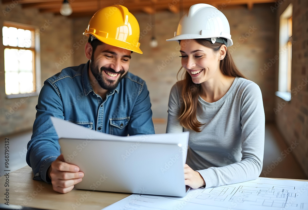 Two professionals engineering setting, sitting at a table and discussing with paper plan and laptop Two professionals engineering setting, sitting at a table and discussing with paper plan and laptop