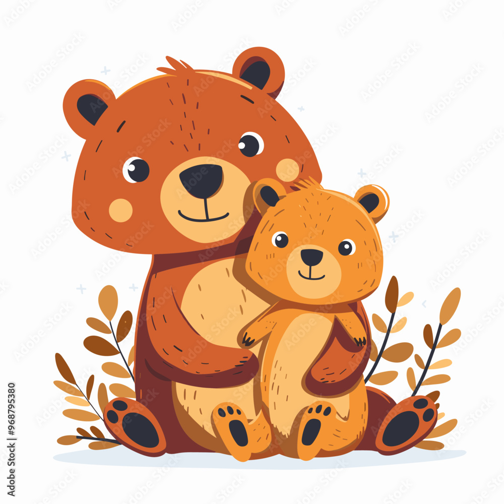 Obraz premium A cartoon bear is holding a baby bear. The scene is warm and loving, with the two bears enjoying each other's company
