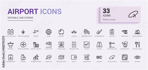 Airport icons collection. Boarding pass, traveler. Outline icon collection, line icon for web and ui. Vector illustration. Icon names are written in English.