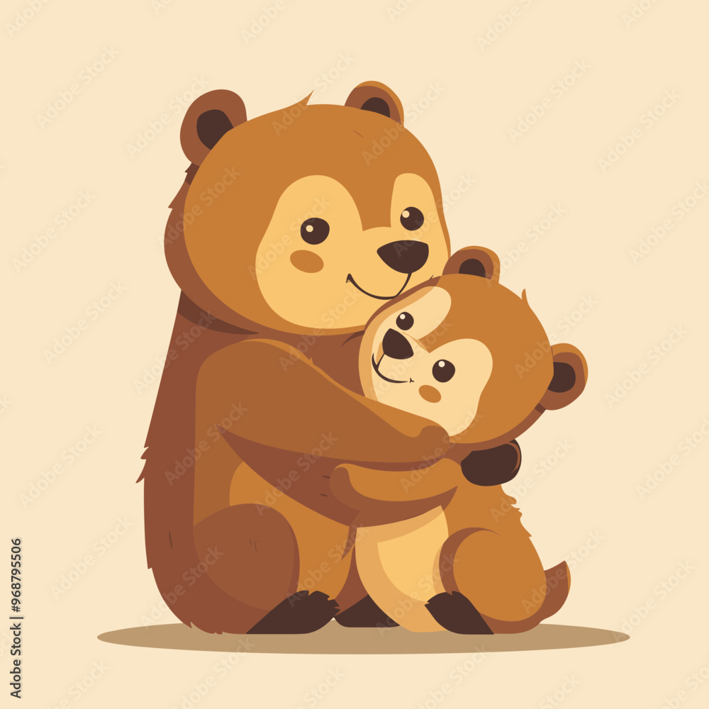 Fototapeta premium A cartoon bear is holding a baby bear. The scene is warm and loving, with the two bears enjoying each other's company
