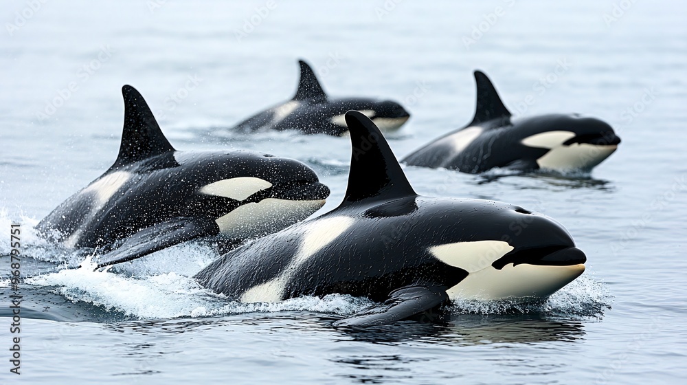 Obraz premium A pod of four orcas, or killer whales, swim together in the ocean. They are black and white with white patches on their eyes.