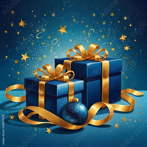 illustration of blue gifts with golden bows and ribbons placed on blue background near stars
