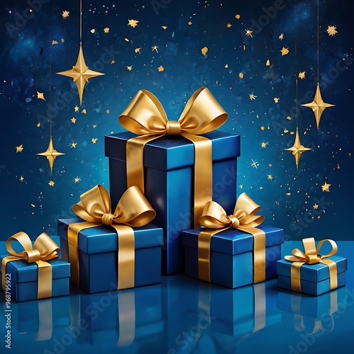 illustration of blue gifts with golden bows and ribbons placed on blue background near stars