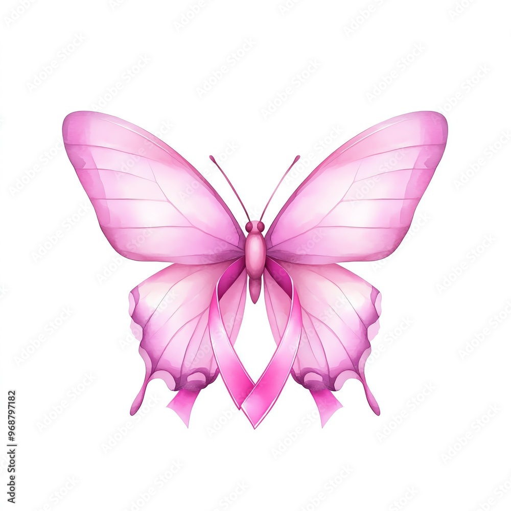 Pink butterfly wings with ribbon clipart, breast cancer awareness symbol, watercolor illustration, sharp details, isolated on white background Pink butterfly wings with ribbon clipart, breast cancer awareness symbol, watercolor illustration, sharp details, isolated on white background