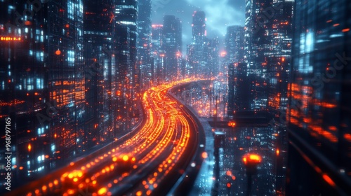 AI-driven predictive analytics for smart energy grids: A futuristic city where energy flows are optimized by AI, with real-time visualizations.